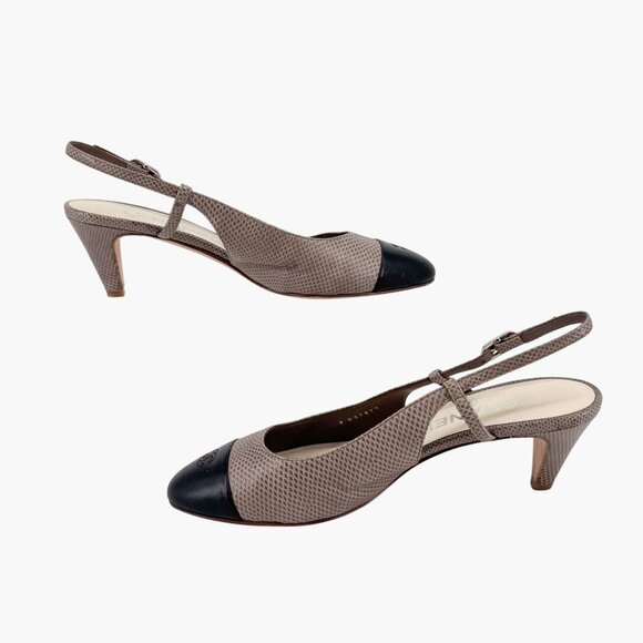 Chanel CC Cap Toe Slingback Kitten Pumps Heels Taupe Leather Size 38 US 7-7.5 - Picture 10 of 16